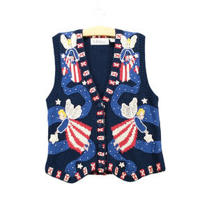 Belle Pointe Women's Knit Americana Angels Vest Blue Medium Logo